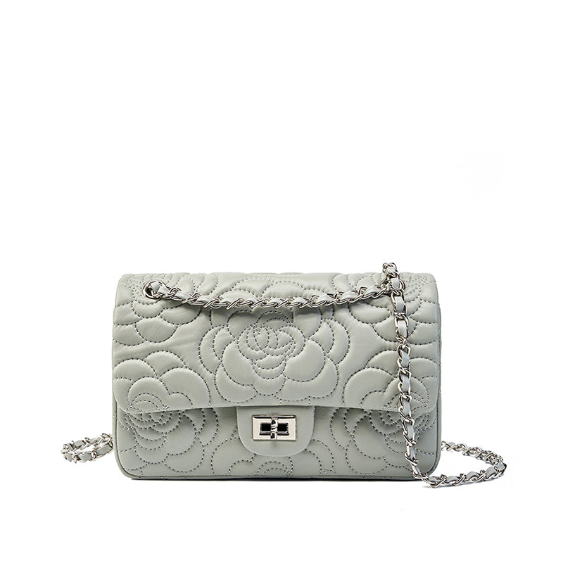 Genuine leather small Chanel style camellia shoulder bag diamond texture chain crossbody bag