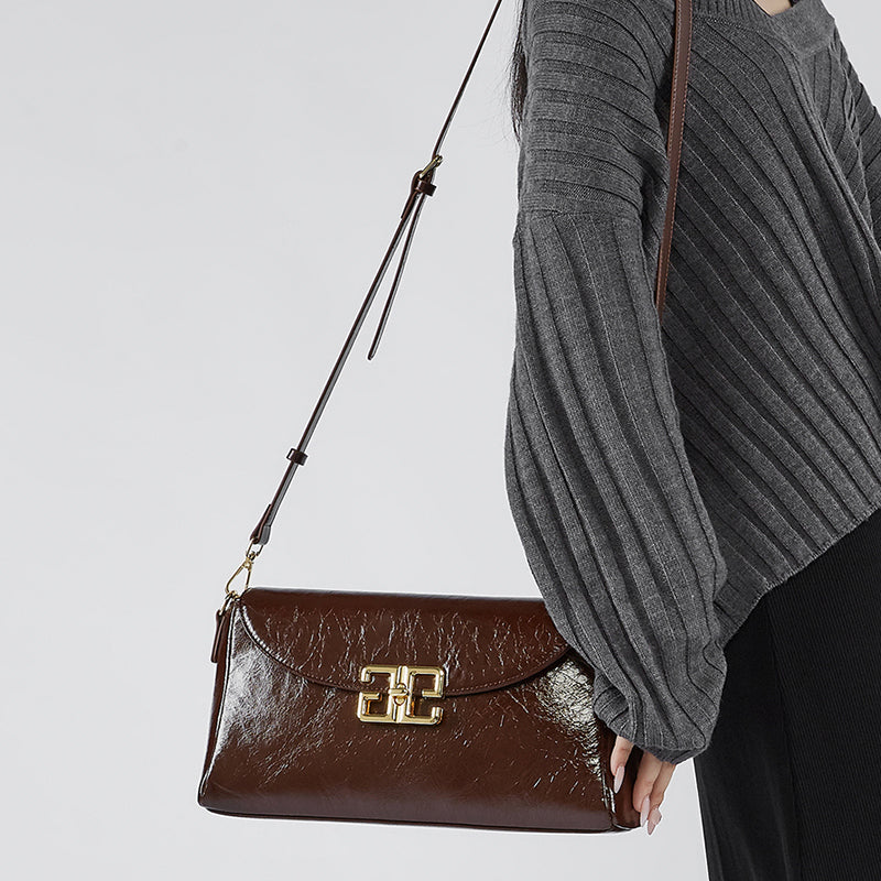 Genuine leather first layer oil wax shoulder bag cowhide fashionable light luxury crossbody bag