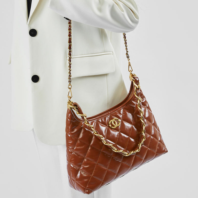 Genuine leather Chanel style shoulder bag chain hobo underarm bag diamond crossbody bag