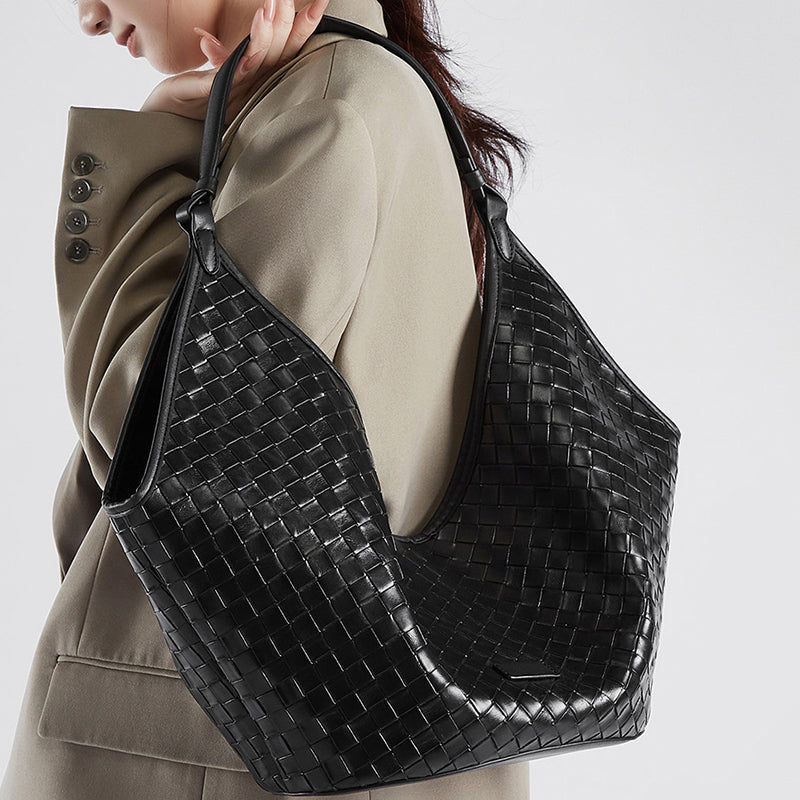 Cowhide Woven Tote Bag Underarm Shoulder Bag