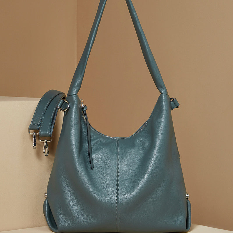 Genuine leather large capacity tote bag stylish trendy solid color casual commuter shoulder bag