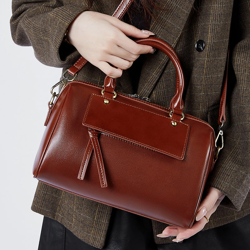 Genuine leather Boston pillow bag fashionable casual handbag cowhide shoulder messenger bag