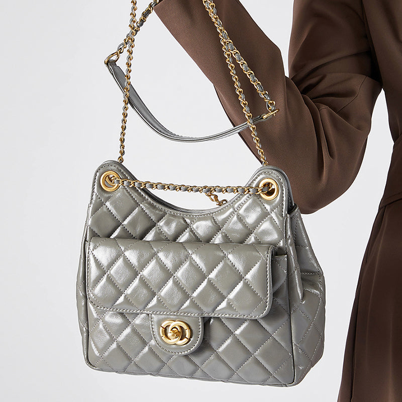 First layer of cowhide hobo bag genuine leather Chanel style fashionable versatile shoulder crossbody bag