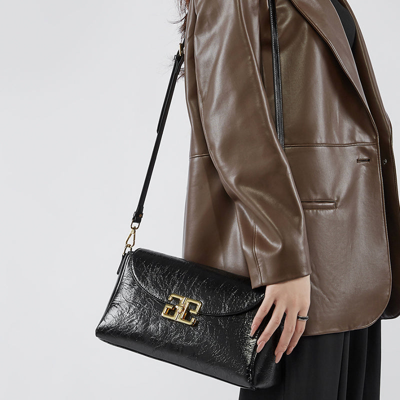 Genuine leather first layer oil wax shoulder bag cowhide fashionable light luxury crossbody bag