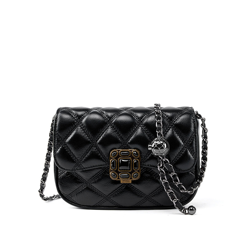 Genuine leather high-end shoulder bag trendy and fashionable niche crossbody bag diamond chain retro small square bag