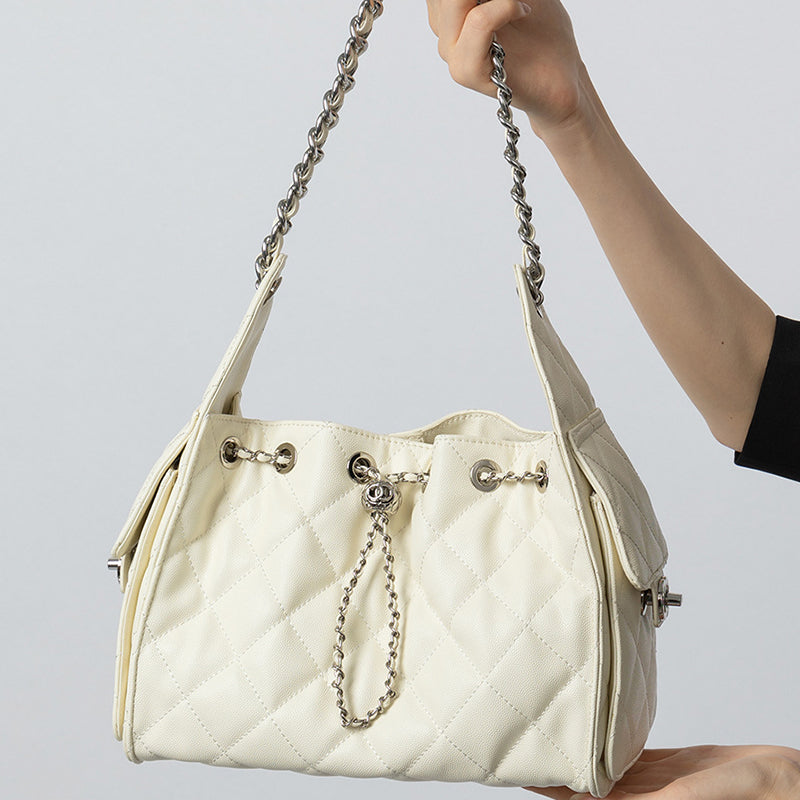 Diamond-patterned genuine leather shoulder underarm bag caviar pattern large-capacity hobo bag bucket drawstring bag chain women's bag