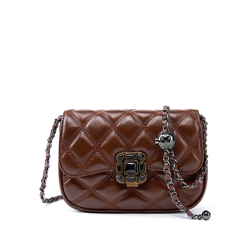 Genuine leather high-end shoulder bag trendy and fashionable niche crossbody bag diamond chain retro small square bag