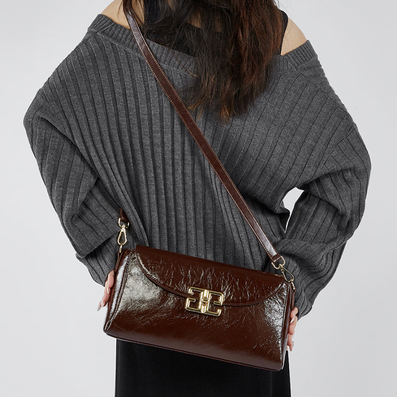 Genuine leather first layer oil wax shoulder bag cowhide fashionable light luxury crossbody bag