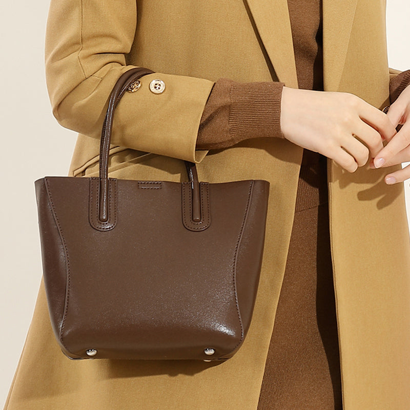 Genuine leather simple handbag literary retro tree paste leather bucket bag shoulder messenger bag