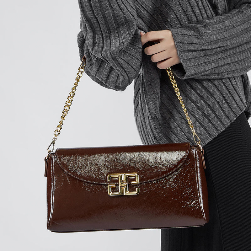 Genuine leather first layer oil wax shoulder bag cowhide fashionable light luxury crossbody bag