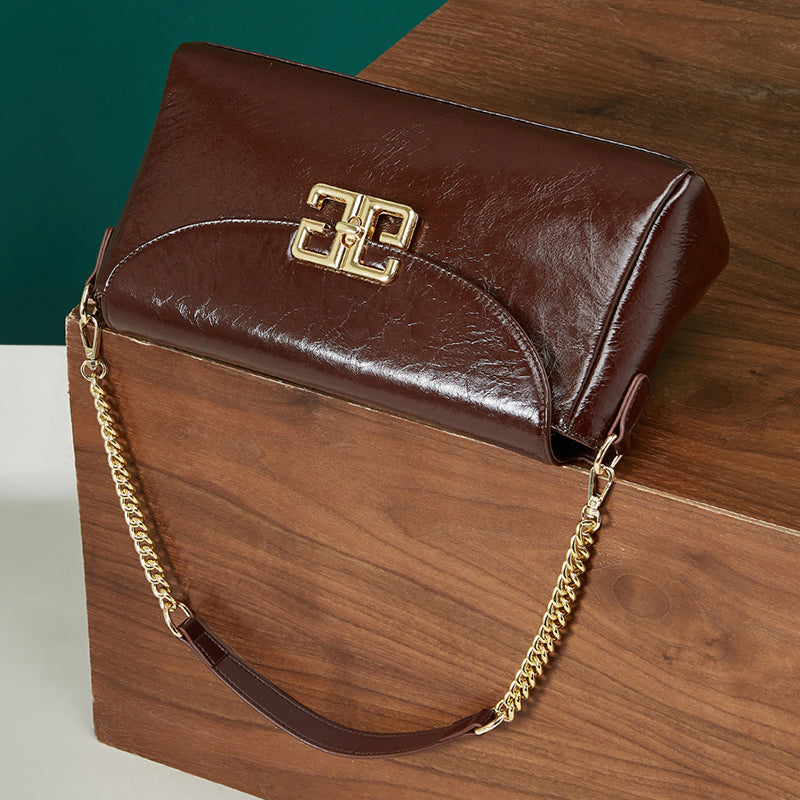 Genuine leather first layer oil wax shoulder bag cowhide fashionable light luxury crossbody bag