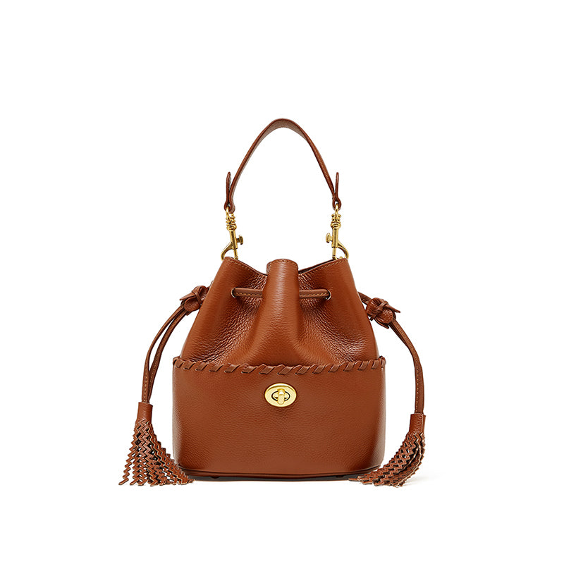 Genuine leather high-grade first-layer cowhide bucket bag tassel niche drawstring shoulder messenger bag
