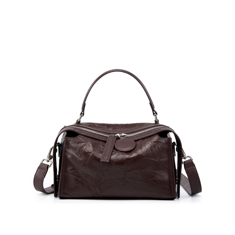 Genuine leather high-end Boston bag light luxury wrinkled cowhide handbag shoulder crossbody bag