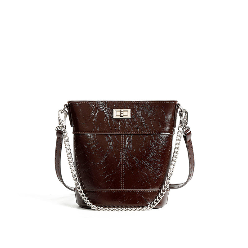 Waxed top layer cowhide fashionable genuine leather bucket bag light luxury women's bag simple mobile phone coin purse