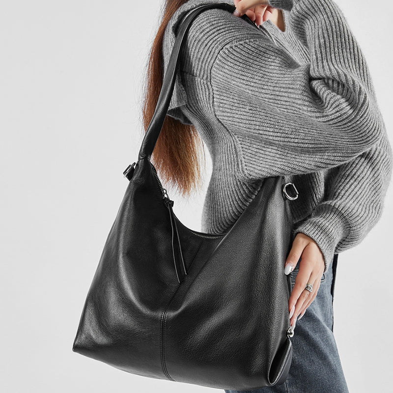 Genuine leather large capacity tote bag stylish trendy solid color casual commuter shoulder bag