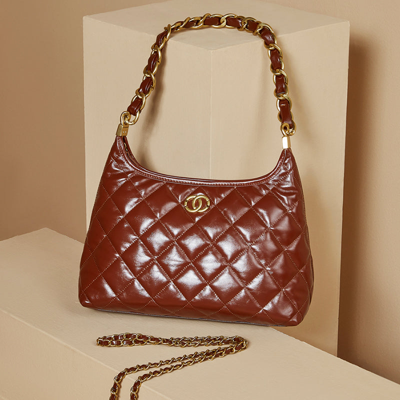 Genuine leather Chanel style shoulder bag chain hobo underarm bag diamond crossbody bag