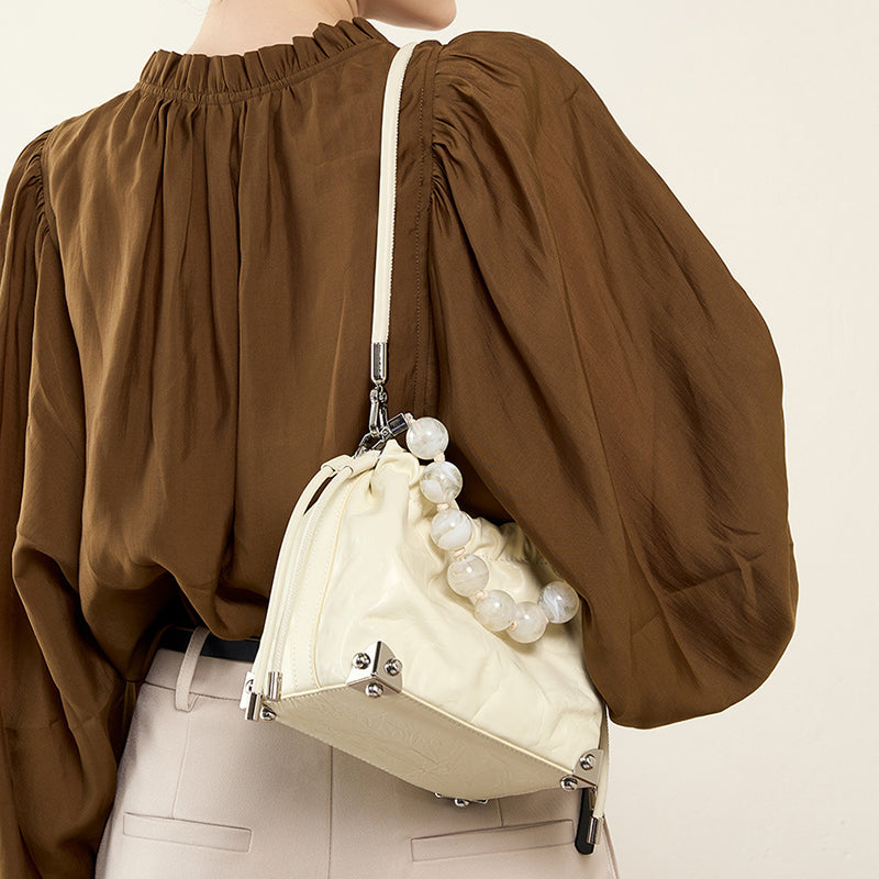 Genuine leather new Chinese style beaded handbag first layer cowhide wrinkled shoulder crossbody bag