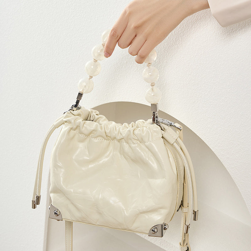 Genuine leather new Chinese style beaded handbag first layer cowhide wrinkled shoulder crossbody bag