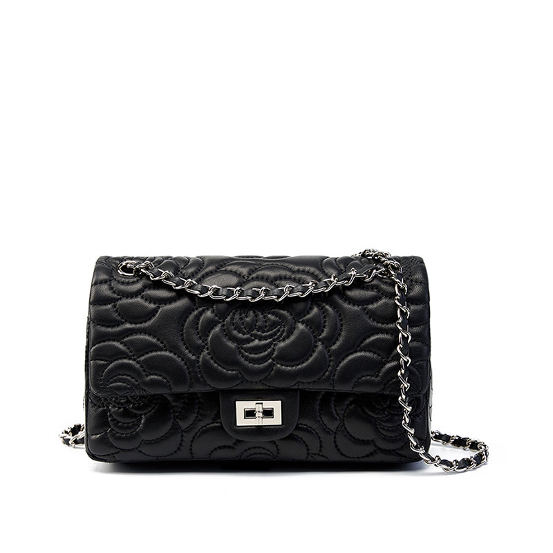 Genuine leather small Chanel style camellia shoulder bag diamond texture chain crossbody bag