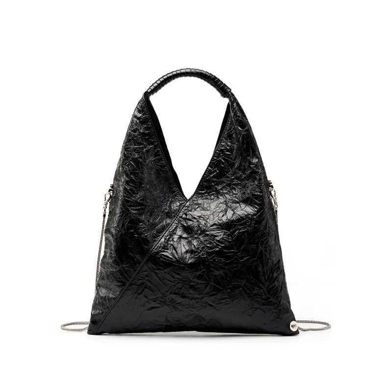 French loose triangle pleated tote bag women's light large capacity women's bag first layer cowhide shoulder underarm bag