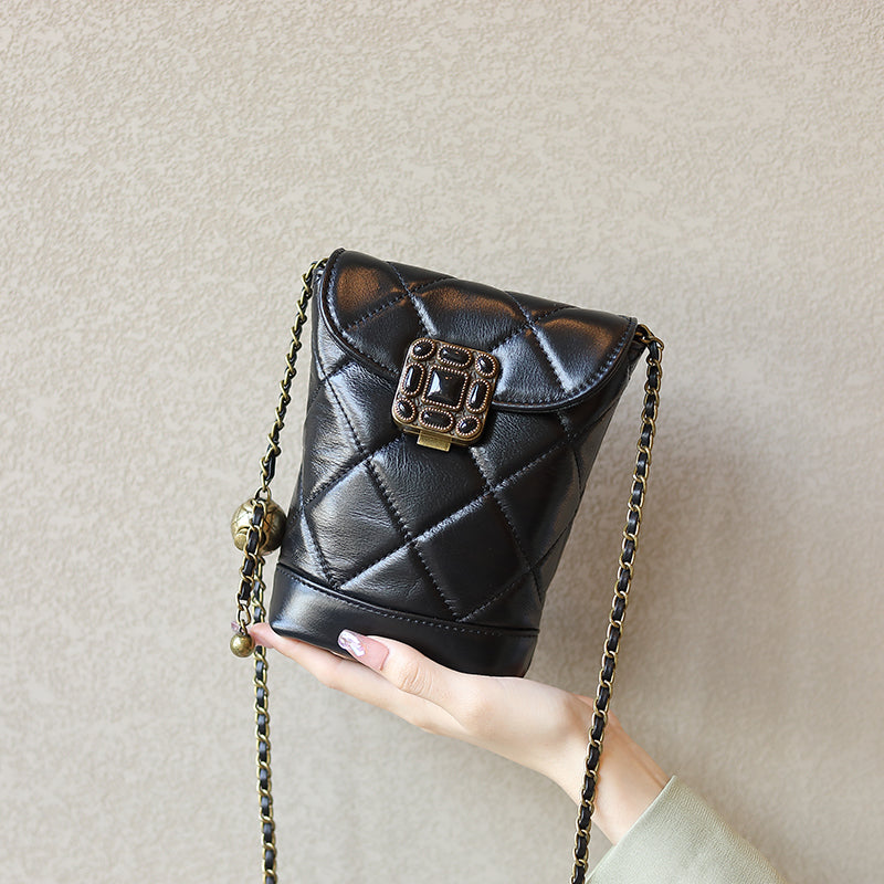 Genuine leather chain small Chanel style diamond gemstone crossbody mobile phone bag