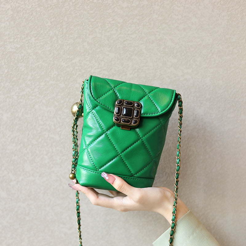 Genuine leather chain small Chanel style diamond gemstone crossbody mobile phone bag
