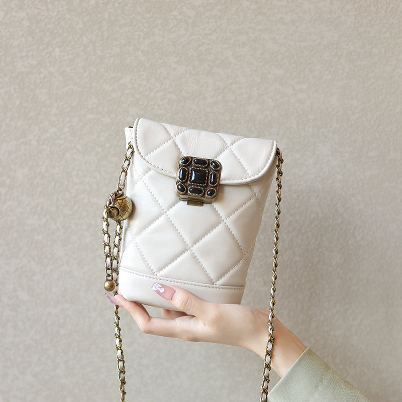Genuine leather chain small Chanel style diamond gemstone crossbody mobile phone bag
