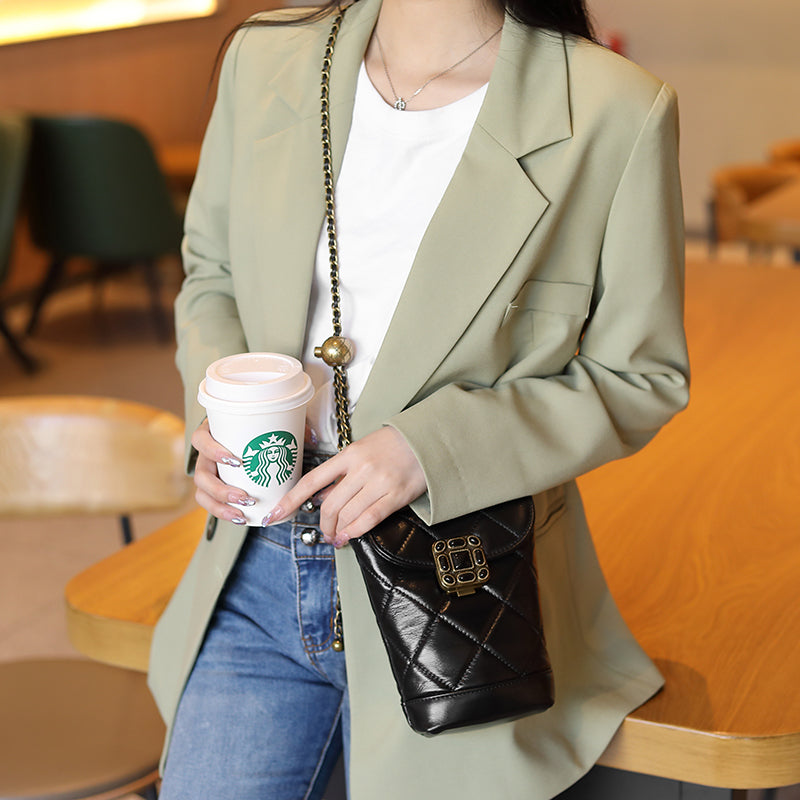 Genuine leather chain small Chanel style diamond gemstone crossbody mobile phone bag