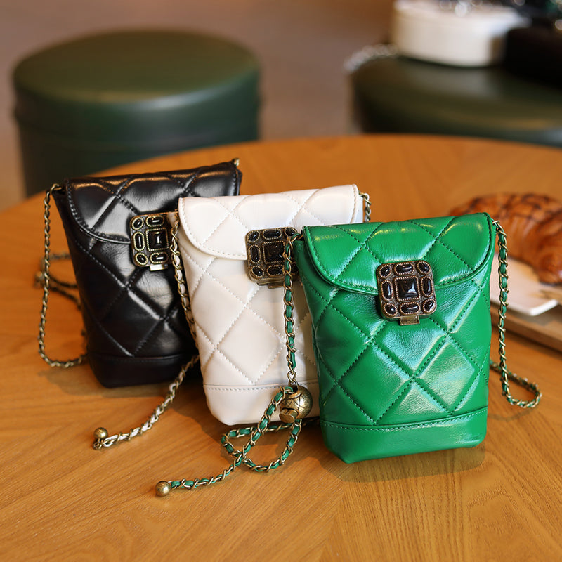 Genuine leather chain small Chanel style diamond gemstone crossbody mobile phone bag
