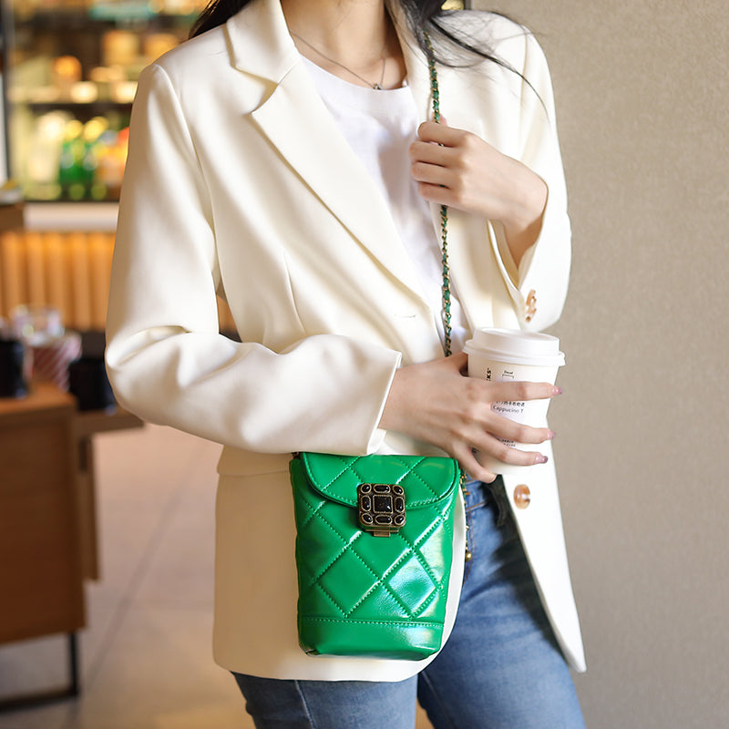 Genuine leather chain small Chanel style diamond gemstone crossbody mobile phone bag