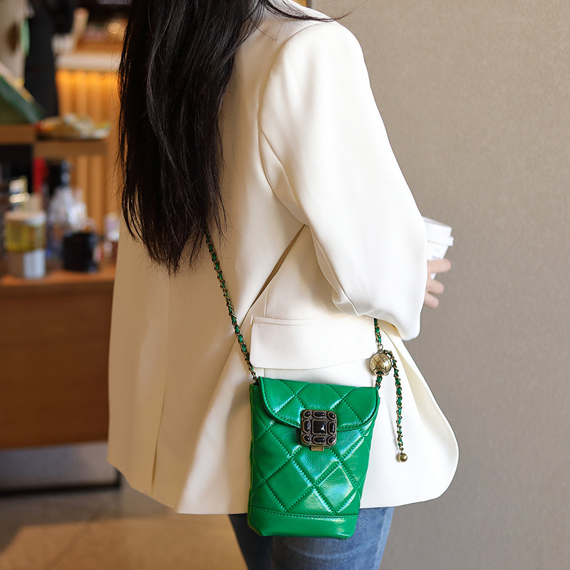 Genuine leather chain small Chanel style diamond gemstone crossbody mobile phone bag