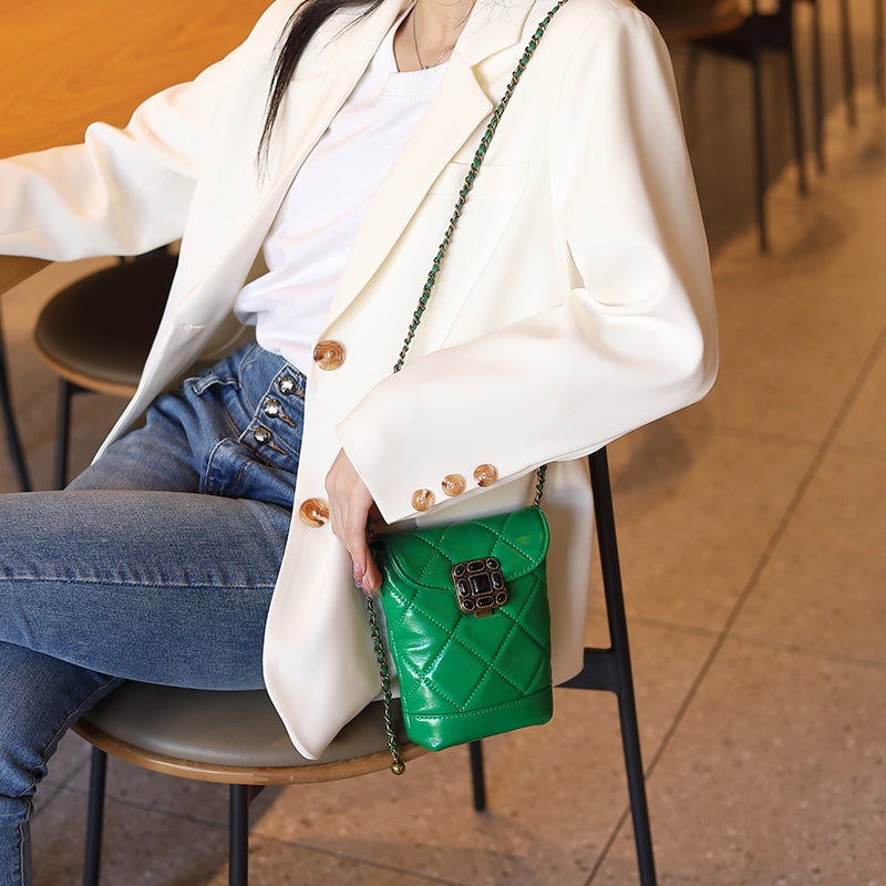 Genuine leather chain small Chanel style diamond gemstone crossbody mobile phone bag