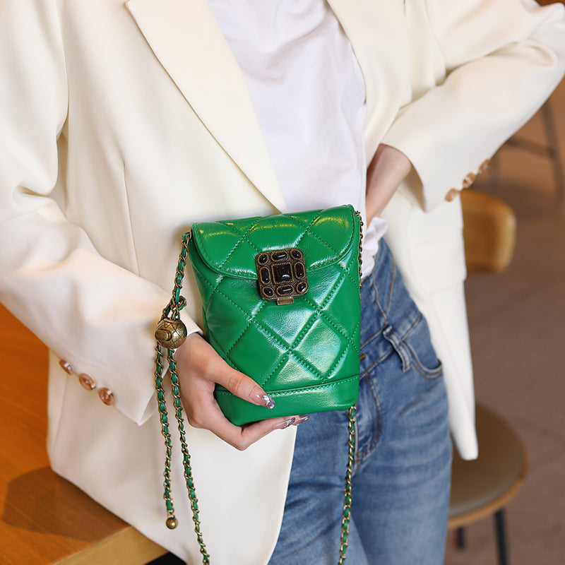 Genuine leather chain small Chanel style diamond gemstone crossbody mobile phone bag