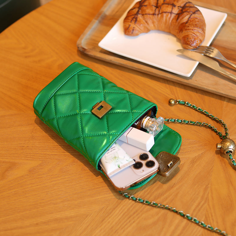 Genuine leather chain small Chanel style diamond gemstone crossbody mobile phone bag
