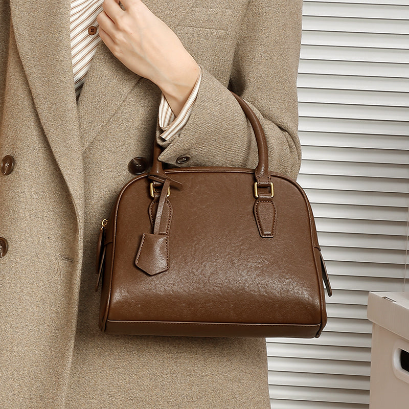 Top layer cowhide minimalist Boston bowling bag genuine leather handheld shoulder crossbody bag