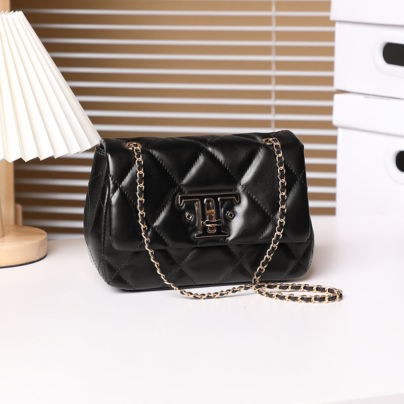 Lock buckle top layer leather shoulder crossbody bag diamond chain small square bag women's bag