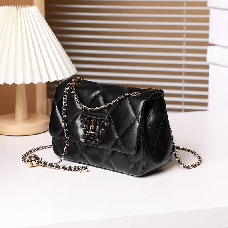 Lock buckle top layer leather shoulder crossbody bag diamond chain small square bag women's bag