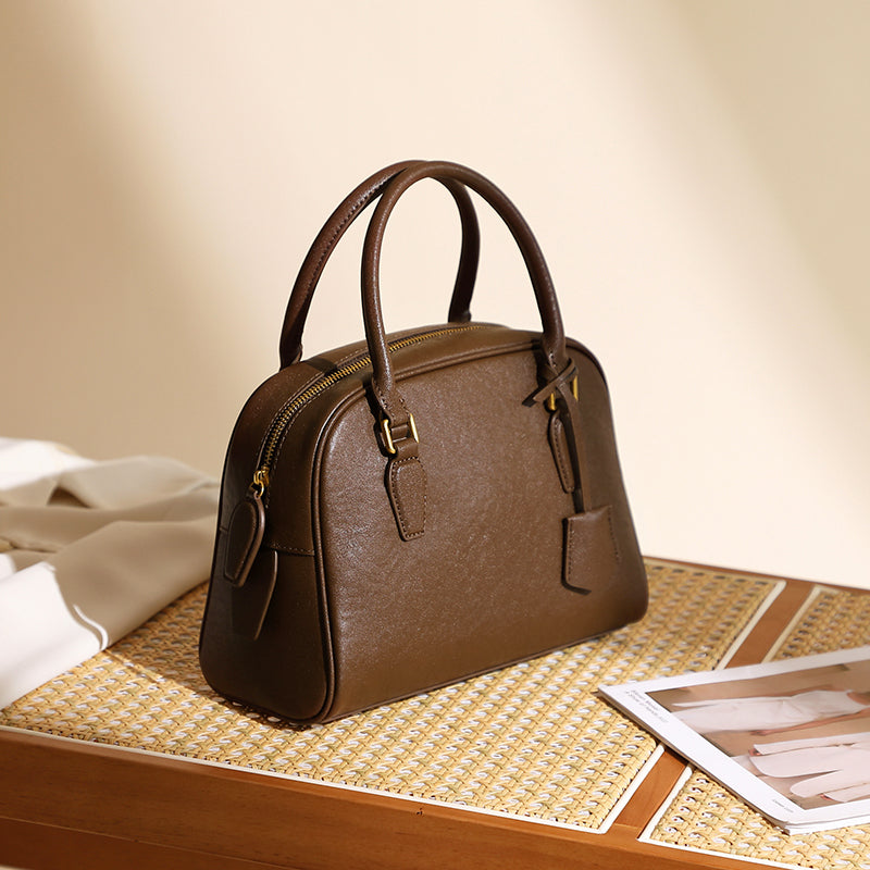 Top layer cowhide minimalist Boston bowling bag genuine leather handheld shoulder crossbody bag