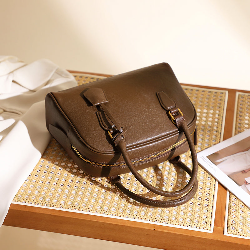 Top layer cowhide minimalist Boston bowling bag genuine leather handheld shoulder crossbody bag