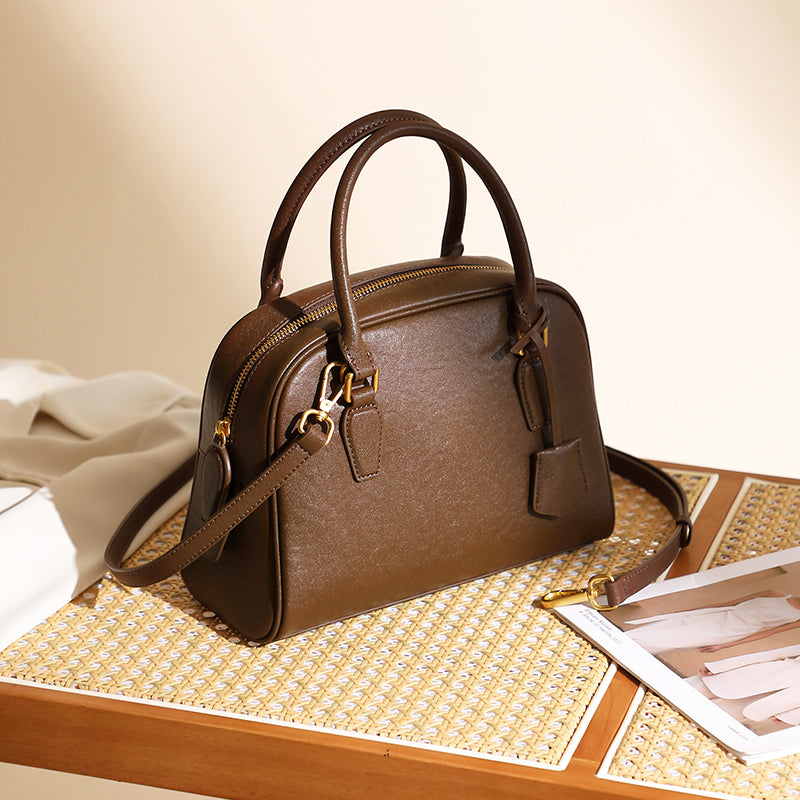 Top layer cowhide minimalist Boston bowling bag genuine leather handheld shoulder crossbody bag