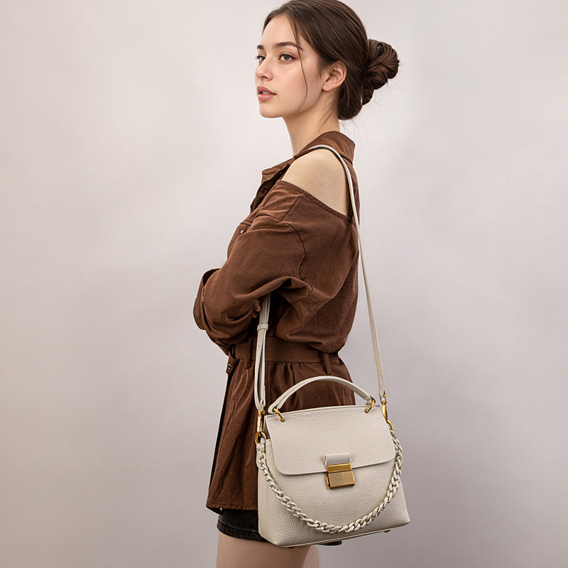 Genuine leather shoulder bag, shell chain bag, textured flip crossbody bag, large capacity commuter handbag