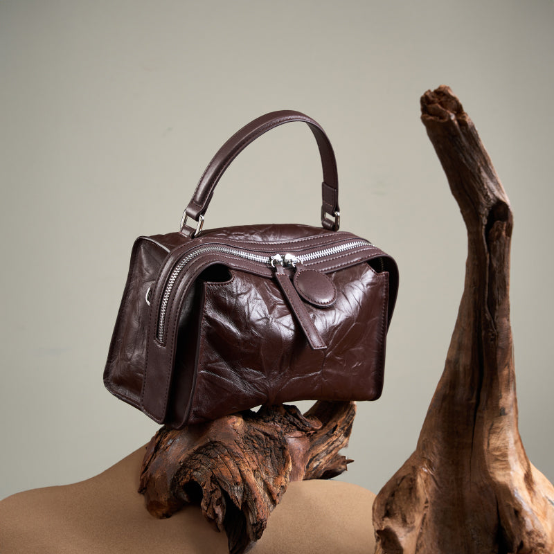 Genuine leather high-end Boston bag light luxury wrinkled cowhide handbag shoulder crossbody bag
