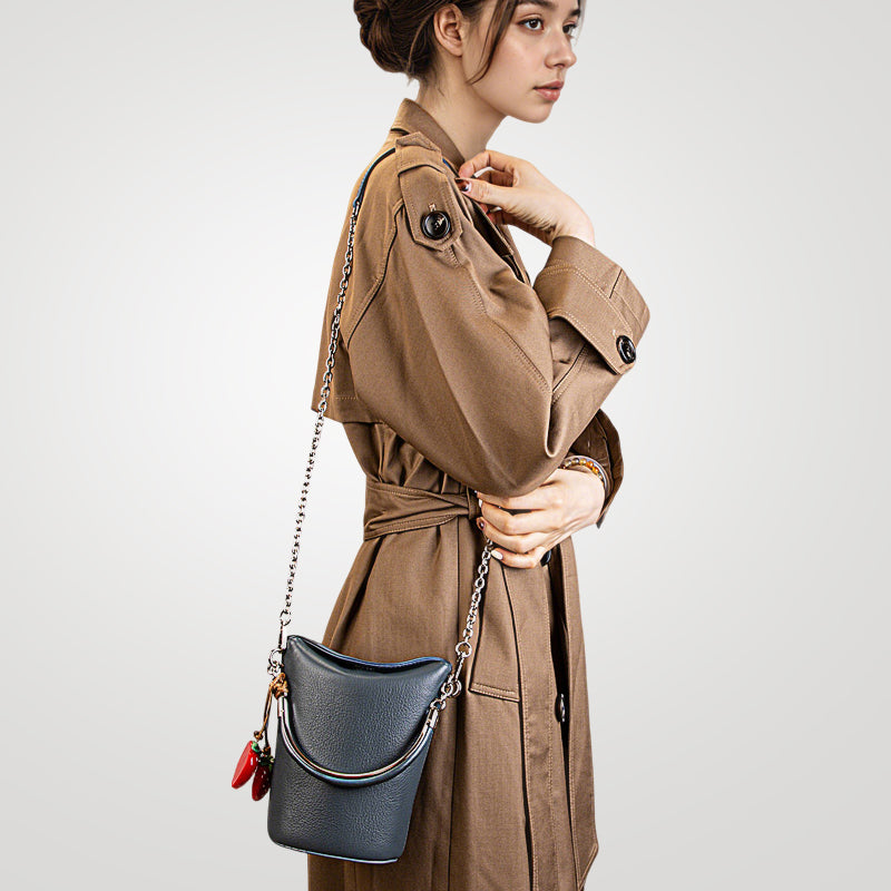 Genuine leather high-end retro Maillard mobile phone bag shoulder crossbody bucket bag