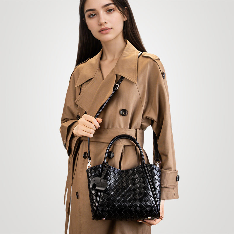 Genuine leather woven pattern tote bag large capacity versatile handheld crossbody bag mother and daughter bag
