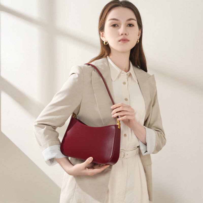 Genuine leather simple shoulder bag versatile baguette bag French style underarm retro women's bag