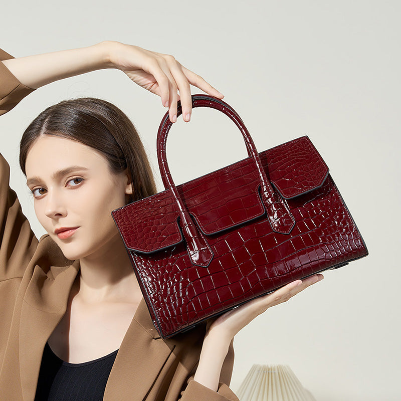 Genuine leather Boston shoulder bag crocodile pattern handbag large bag light luxury simple crossbody bag