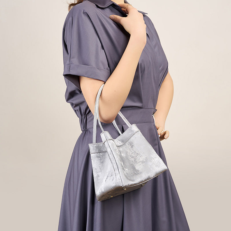 Genuine leather bucket bag new Chinese style niche satin cowhide shoulder crossbody wing bag
