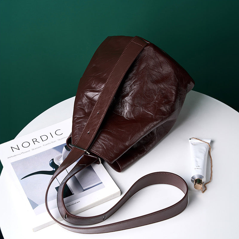 Lazy and comfortable wrinkled bucket bag first layer cowhide women's high-grade tote bag