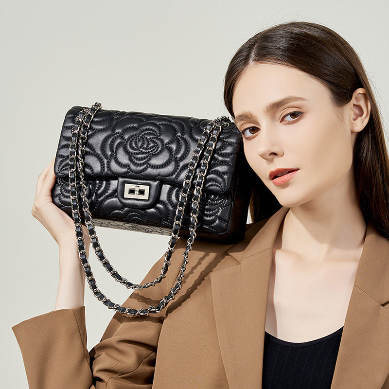 Genuine leather small Chanel style camellia shoulder bag diamond texture chain crossbody bag