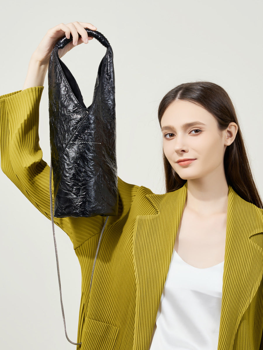 French loose triangle pleated tote bag women's light large capacity women's bag first layer cowhide shoulder underarm bag